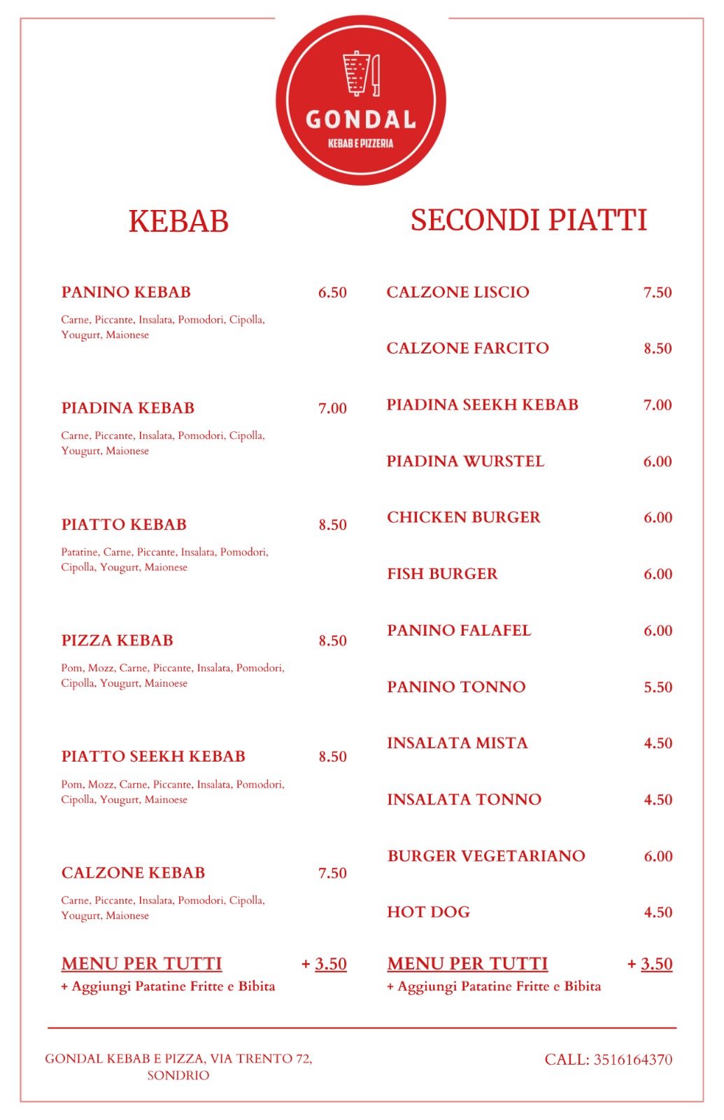 Menu kebab e secondi piatti con prezzi — Gondal Sondrio